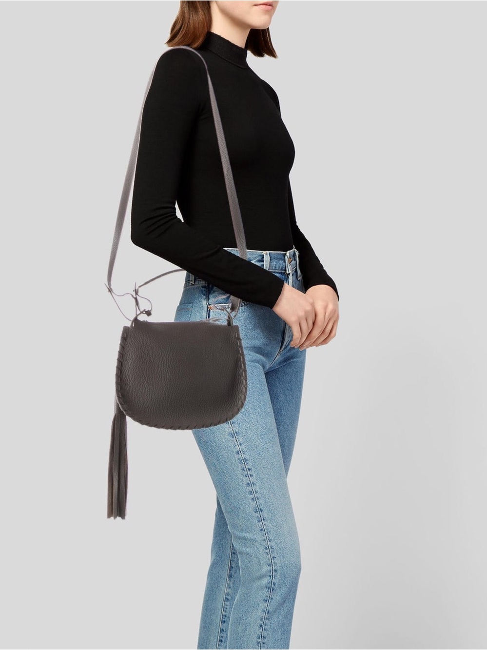 All Saints Gary Leather Crossbody with Braided Edge and Tassel L9.75” H8.5” D3”